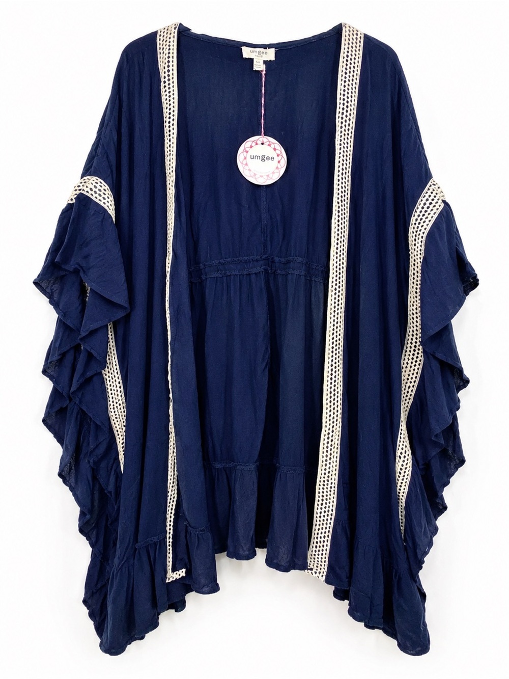 Umgee Navy Boho Crochet Trim Open Front Ruffle Kimono Cardigan NWT S/M